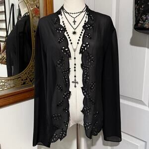 VTG Y2K G Studio Black Sheer Mesh Beaded Leaf Cut Out Long Sleeve Light Cardigan